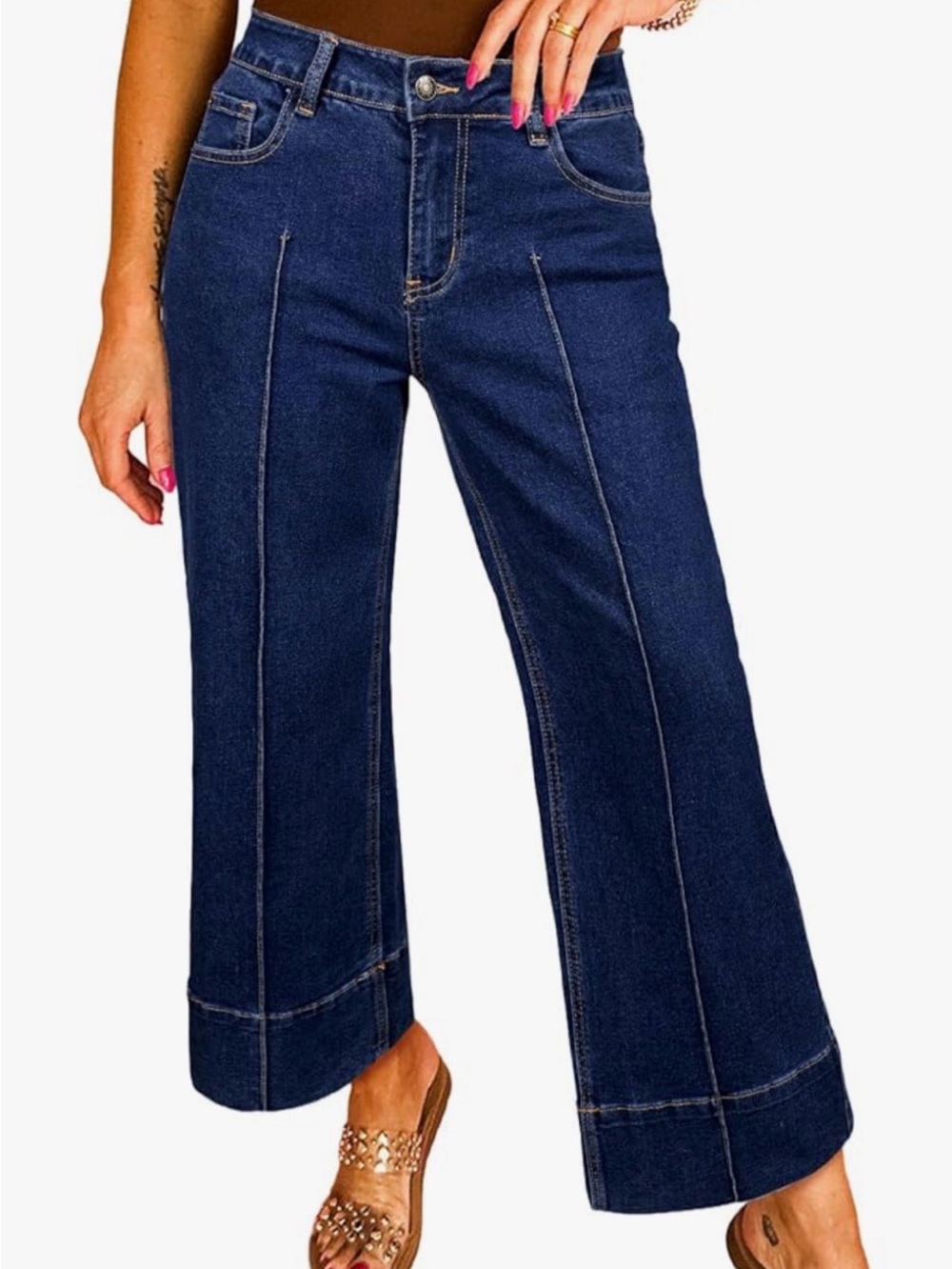 NWOT Stretchy High-Rise  Wide Leg Ankle Jeans in Blue w/ vertical seams sz 8